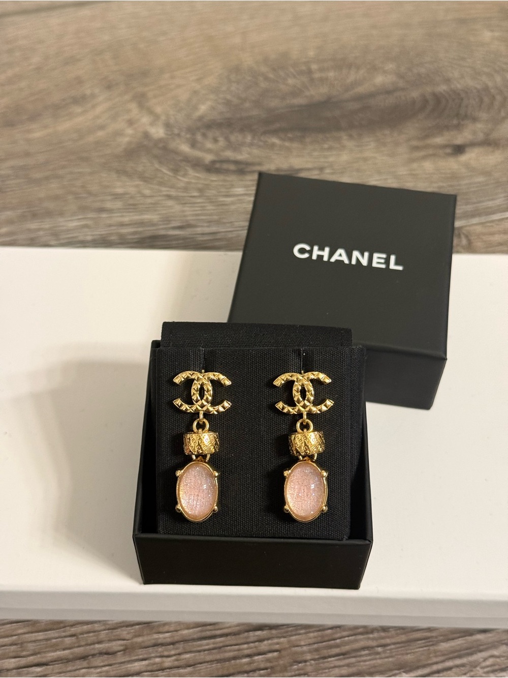 CHANEL Gold and Pink Stone CC Drop Earrings
